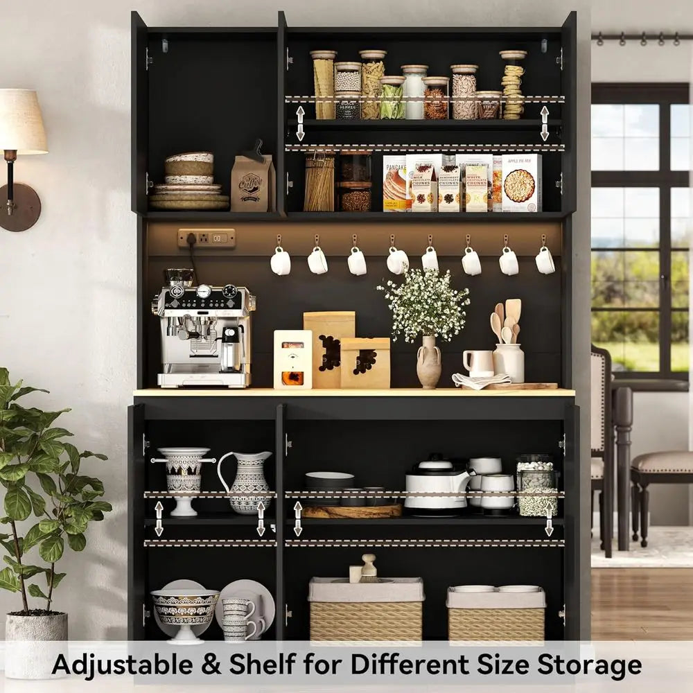 Large 71 Black Kitchen Pantry Cabinet with Adjustable Shelves, LED Light & Power Outlet, Ideal for Storage or Dining Room
