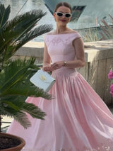 Chic Vintage White Boat Neck Dress Embroidered Cap Sleeve Cutwork Hem High Waist Flowy A-line Gown 2026 New Evening Party Outfit