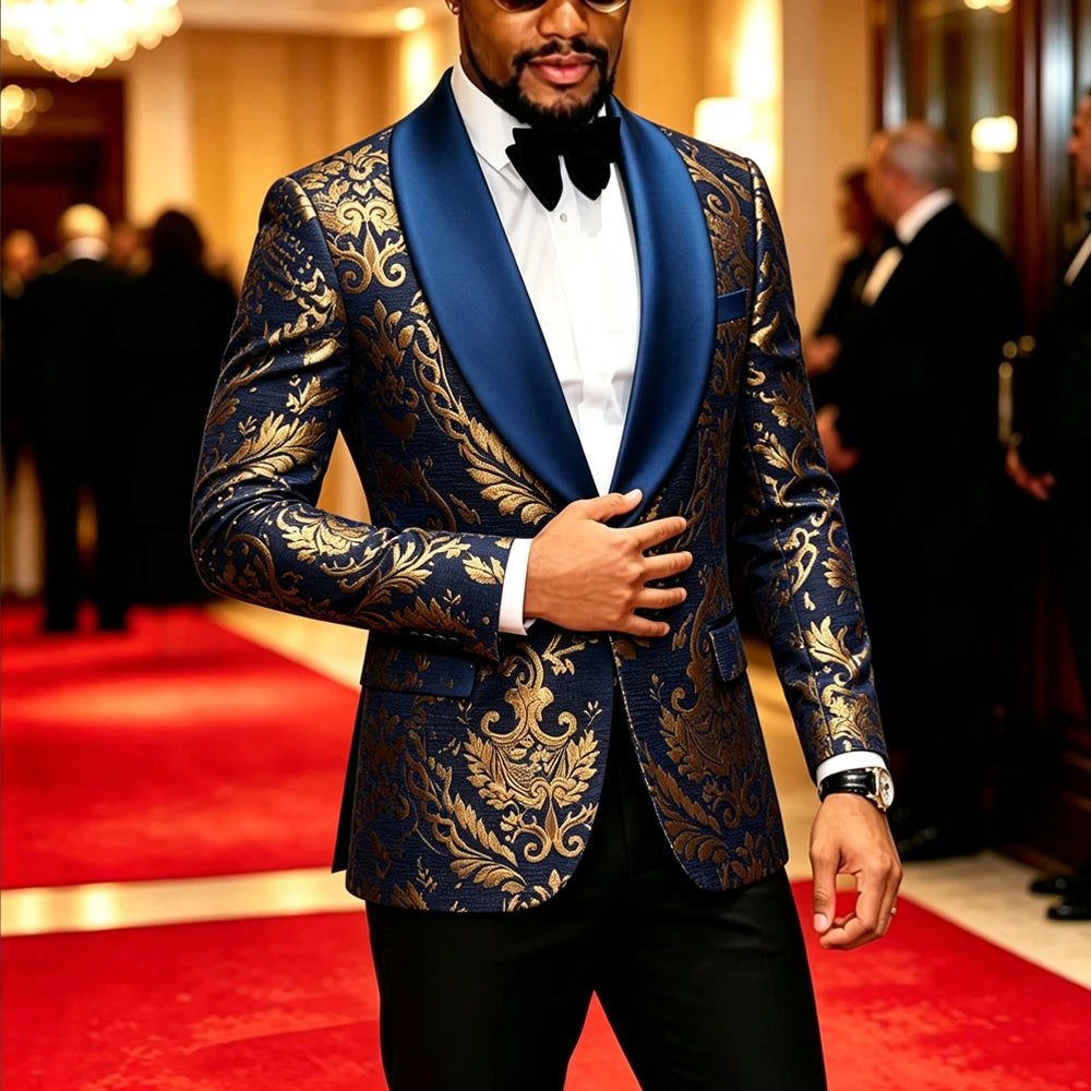 Men Black Gold Floral Jacquard Blazer Black Satin Shawl Lapel Slim Fit Jacket Wedding Groom Tuxedo For Party Prom