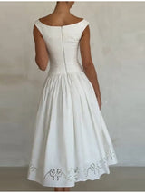 Chic Vintage White Boat Neck Dress Embroidered Cap Sleeve Cutwork Hem High Waist Flowy A-line Gown 2026 New Evening Party Outfit