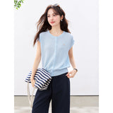 VIMLY Women's Casual Knit Short Sleeve T-shirt 2026 Summer New Blue Crew Neck Button Down Flutter Sleeve Minimalist Top 30935