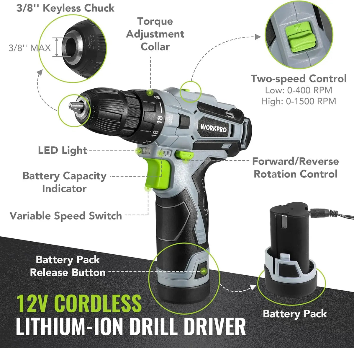 108PCS Cordless Drill Tool Kit with 12V Battery, Keyless Chuck, Variable Speed for Home DIY Projects