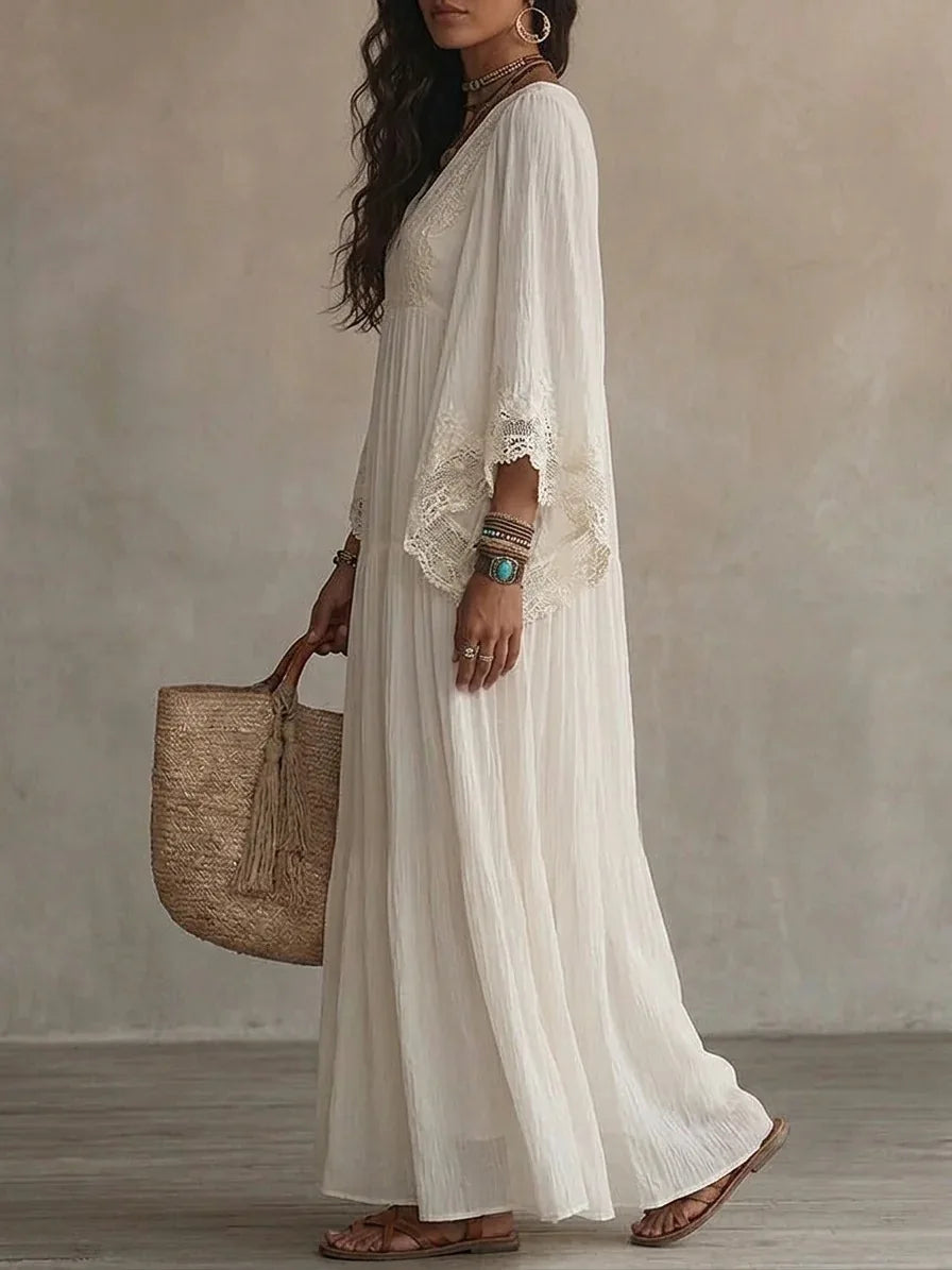 Beach Style Long Dress for Women White V-Neck Batwing Sleeve Lace Splice Elegant Loose Dress Summer Fashion Vacation Dresses