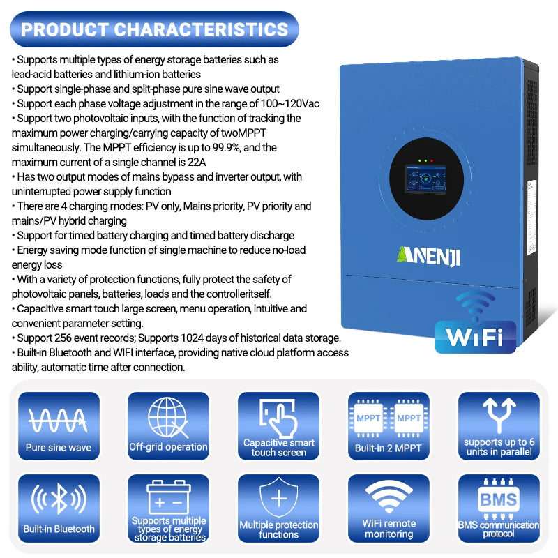 ANENJI Split Phase 12KW 48V Hybrid Solar Inverter 120/240VAC Pure Sine Wave Parallel Inverter built-in 2 MPPT 200A Solar Charger