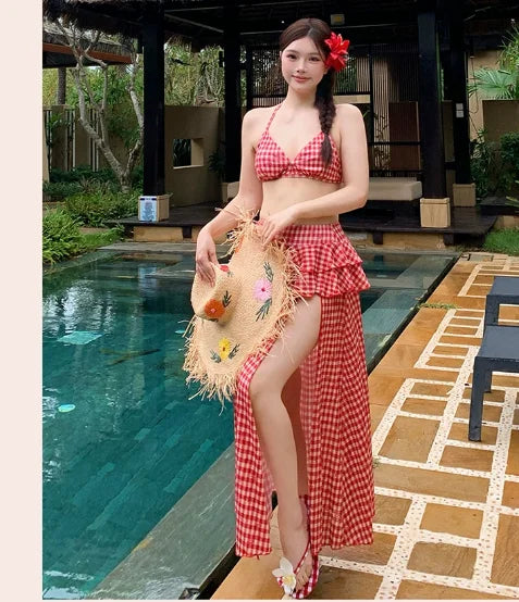 Large Size Summer New Long Skirt Four-piece Seaside Vacation Bikini Split Swimsuit Women Sexy Fashion Red Plaid Swimwear Sets