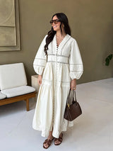 Elegant White Hollow Out Embroidery Long Dress Women V Neck Puff Sleeve Loose Maxi Dresses 2026 Autumn Casual Daily Party Robes