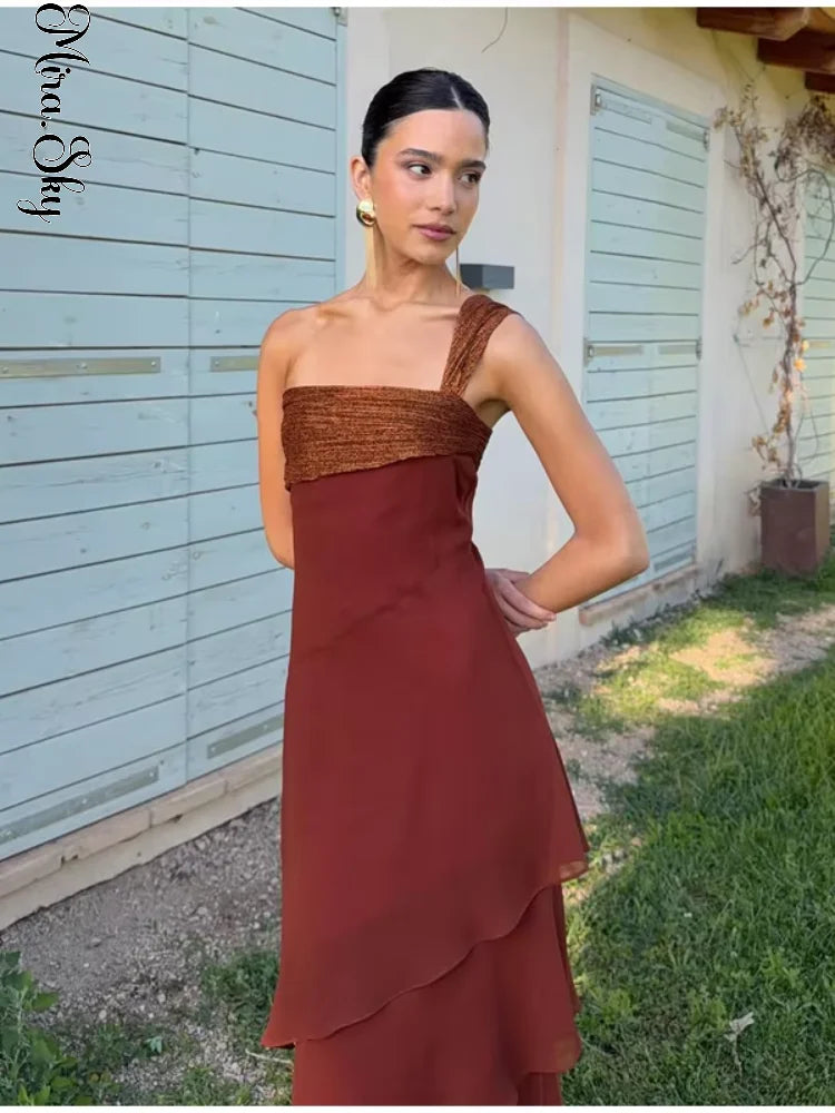 Brown Glitter Chiffon Tiered Maxi Dress Elegant One Shoulder Square Neck Flowy dresses 2026 Summer Formal Wedding Party gowns