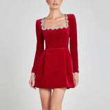 TARUXY Elegant Square Neck Diamond Short Velvet Dress For Women Two Pockets Slim Office Ladies Outfits A-Line Long Sleeve Dress