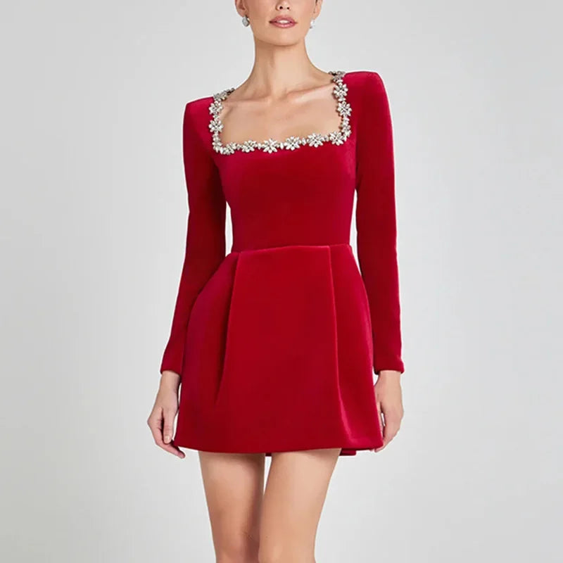 TARUXY Elegant Square Neck Diamond Short Velvet Dress For Women Two Pockets Slim Office Ladies Outfits A-Line Long Sleeve Dress