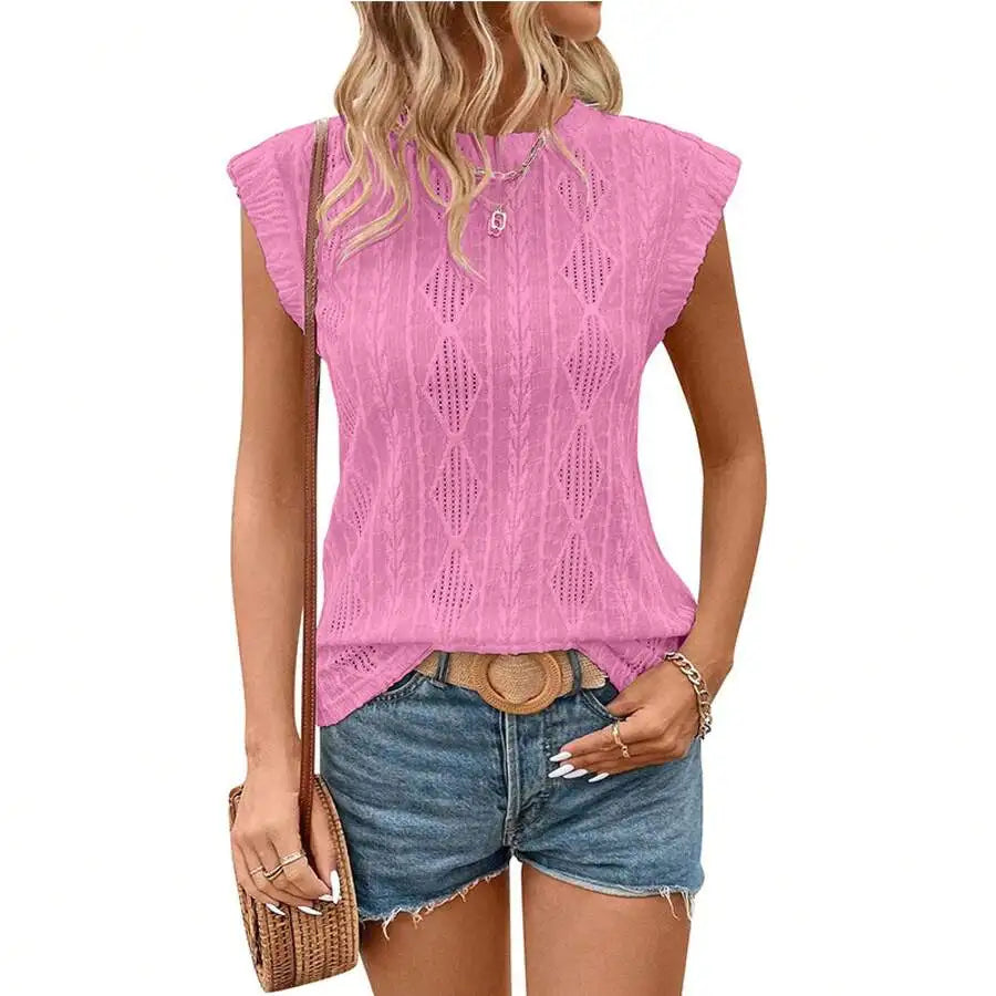 Women Sleeveless Knit Top With Ruffle Cap Sleeve Hollow Out Casual Summer Blouse