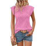 Women Sleeveless Knit Top With Ruffle Cap Sleeve Hollow Out Casual Summer Blouse
