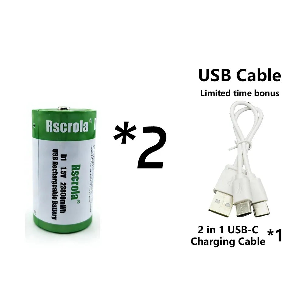 USB D Li-ion Rechargeable Batteries, High Capacity 1.5V 23800mWh Rechargeable D Battery, 4 H Fast Charge with Type C Port Cable