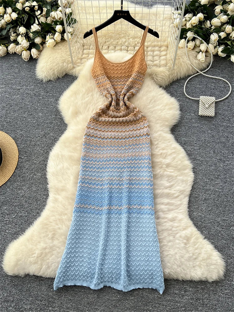 SINGREINY Korean Chic Beachwear Dress Spaghetti Strap Sleeveless Gradient Design 2025 Summer Women Vacation Knitting Long Dress