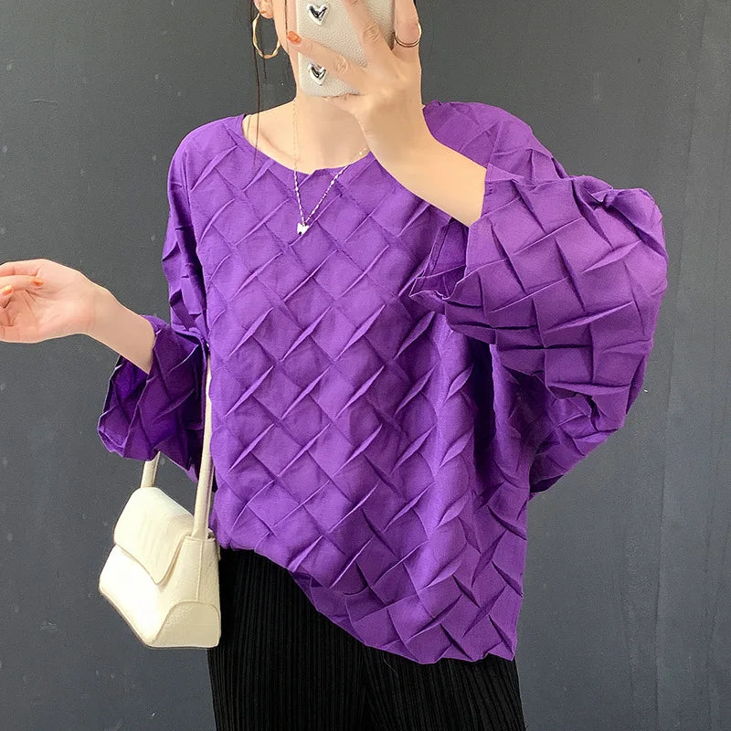 LANMREM 2026 New Handmade Pleated O-neck Women's T-Shirt Casual Versatile Pullover Top Trendy Loose Long Sleeve Clothing 2DB6773