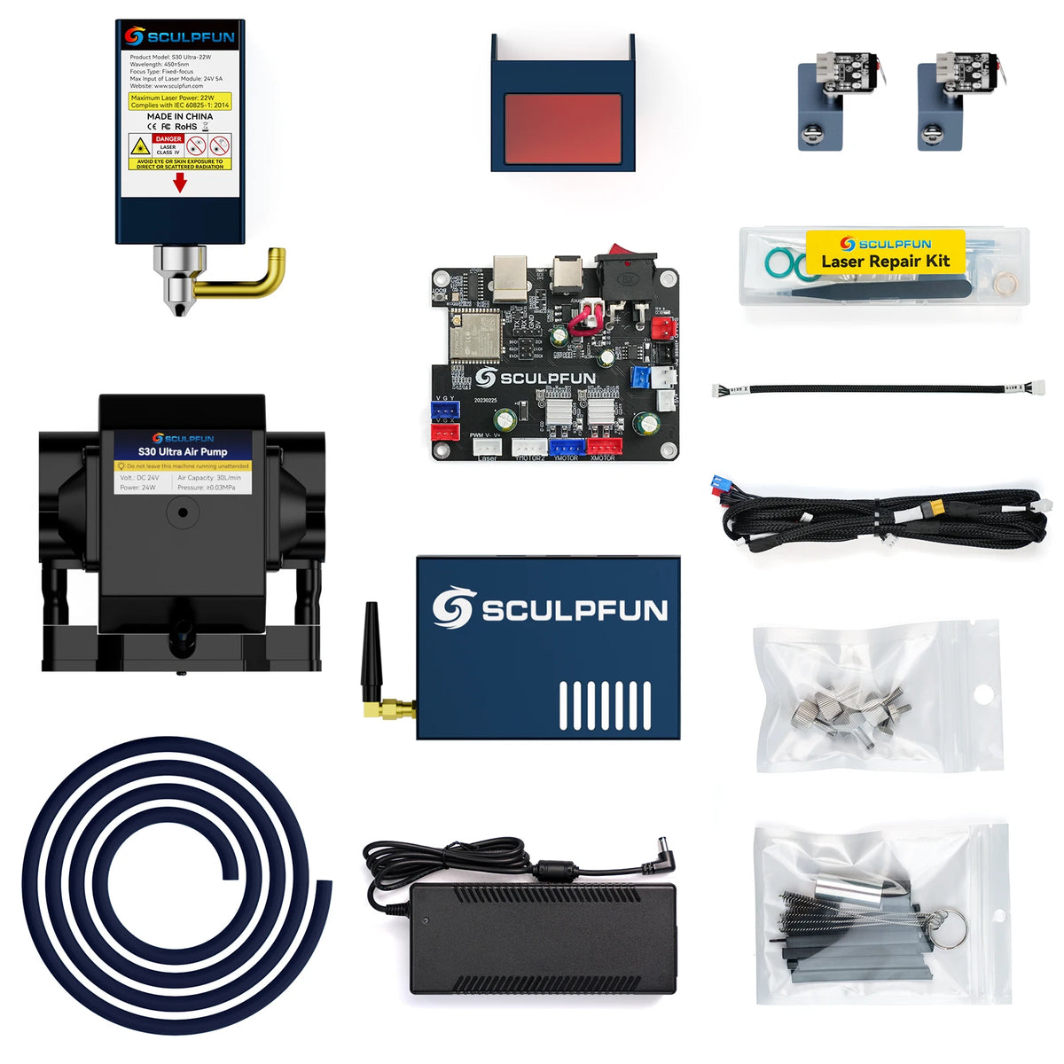 SCULPFUN S9 Upgrade to S30Ultra 33W/22W Laser Module with 32-bit Motherboard High-speed Air Assist Pump &XY Limit Switch For S30