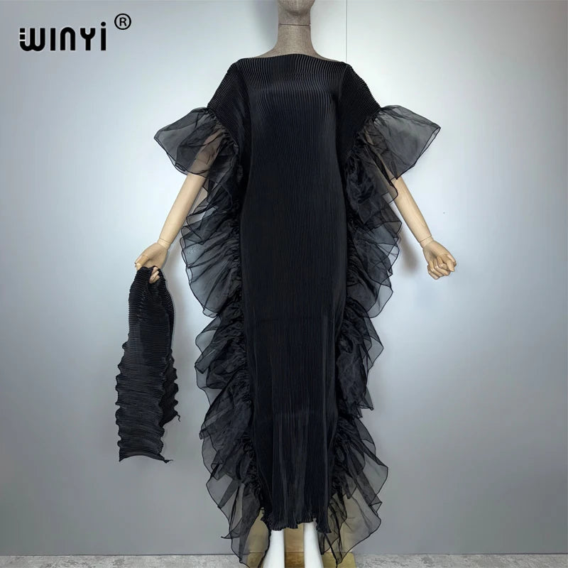 WINYI Solid Color Pleated Elastic Slim Dress Beach Wear Kaftan Abaya Dubai Luxury Party Dress Evening Dress Abaya Muslim Woman