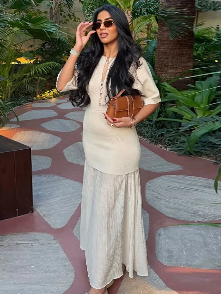 Crew Neck Short Sleeve Buttoned Paneled Midi Dress Fitted Bodice Flowing 2026 Spring Women Knit Skirt Fashion Elegant Lady Gown