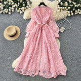 High-End Women's Dress Heavy Embroidery A-Line Long Skirt V-Neck Lantern Sleeve Single Button High Waist Korean Style Commute