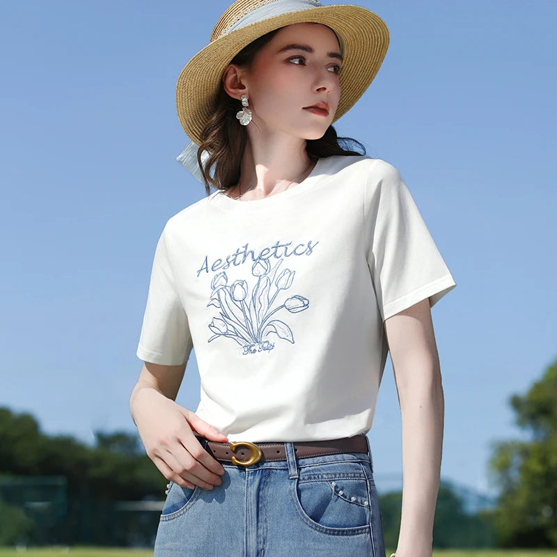 I BELIEVE YOU Round Neck Short Sleeve Women's T-Shirt 2026 New Tulip Letter Embroidery Tops Retro Artistic Tees 2261016223