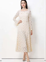 Elegant Square Neck Lace Three-Dimensional Flower Trumpet Sleeve Slim Fit Dress 2025 New Fashionable Autumn Women'S Clothing