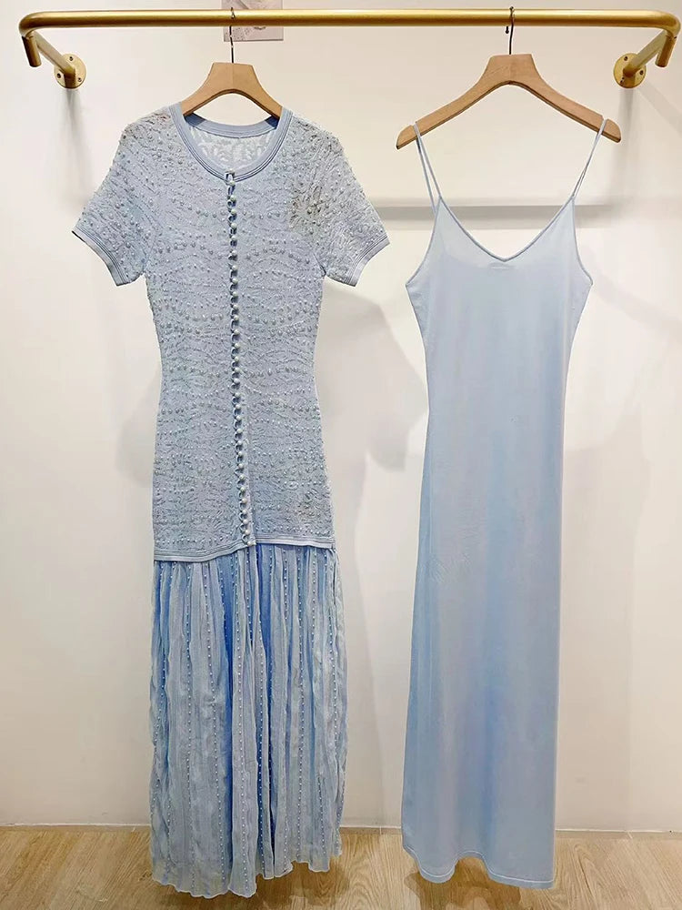 Fashion Blue Pearl Decoration Lace Jacquard Knit Midi Dress Women Temperament Elegant O-Neck Short Sleeve Slim Robe Ladies