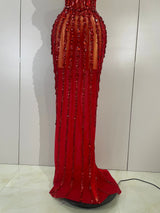 Sexy Red Strapless Mesh See Through Long Dress Evening Party Luxury Sparkly Diamond Birthday Nightclub PhotoShoot Stage Costumes