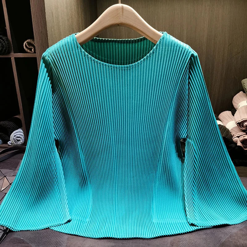 LANMREM High-end Turquoise Women's Pleated T-hsirt Flared Sleeve Long Sleeve Loose Fit Casual Stylish Pullover Top 2DB7543