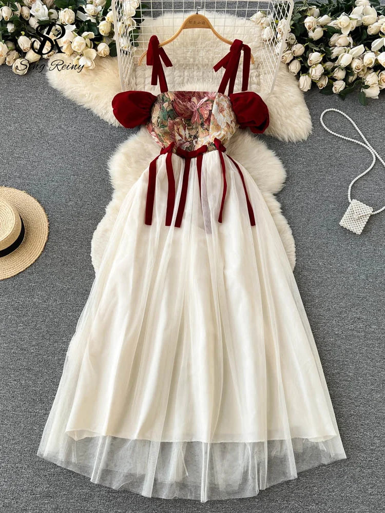 SINGREINY Embroidered Retro Print Camis Dress Women French Style Lace-up Design 2023 Summer Steetwear Mesh Long Party Dress