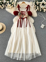 SINGREINY Embroidered Retro Print Camis Dress Women French Style Lace-up Design 2023 Summer Steetwear Mesh Long Party Dress