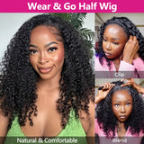 300% Half Wigs Human Hair 4C Kinky Curly Headband Wig Upgrade 3 IN 1 Half Wig With Drawstring Seamless Clip Ins Flip Over Wig