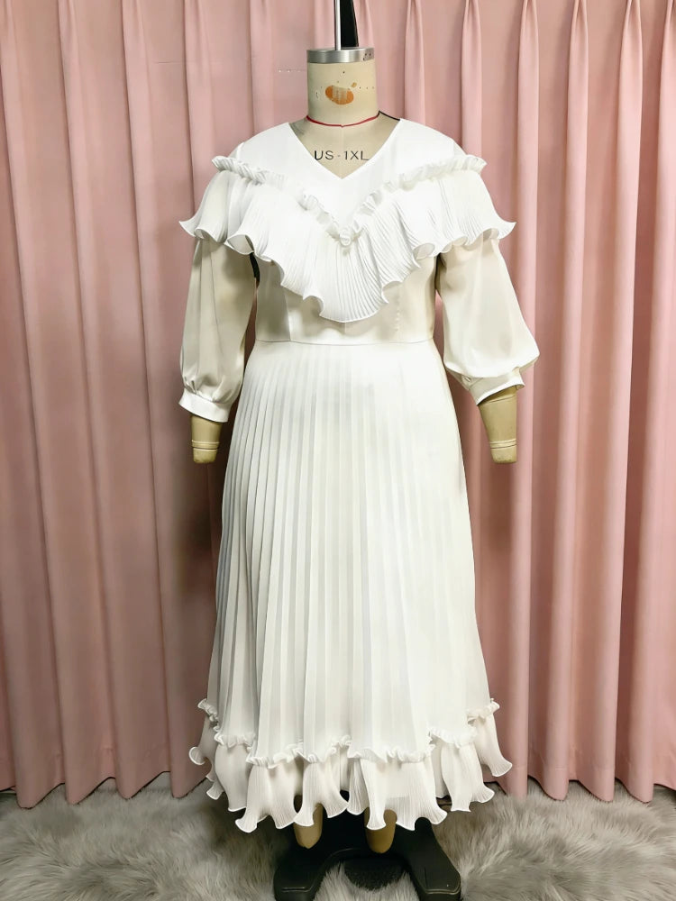 Women A Line Pleated Chiffon Dress V Neck Puff Sleeves Beading Ruffles Waist Belt Fashion African Female Evening Party Gown