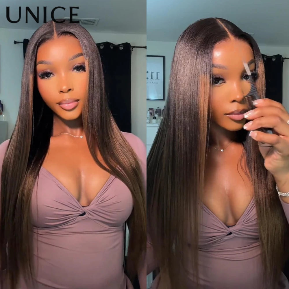 UNICE 7x5 Pre Cut Pre Bleached Glueless Wigs Human Hair Drawstring Cap Chesnut Brown Ombre Yaki Straight Wig 150% Density