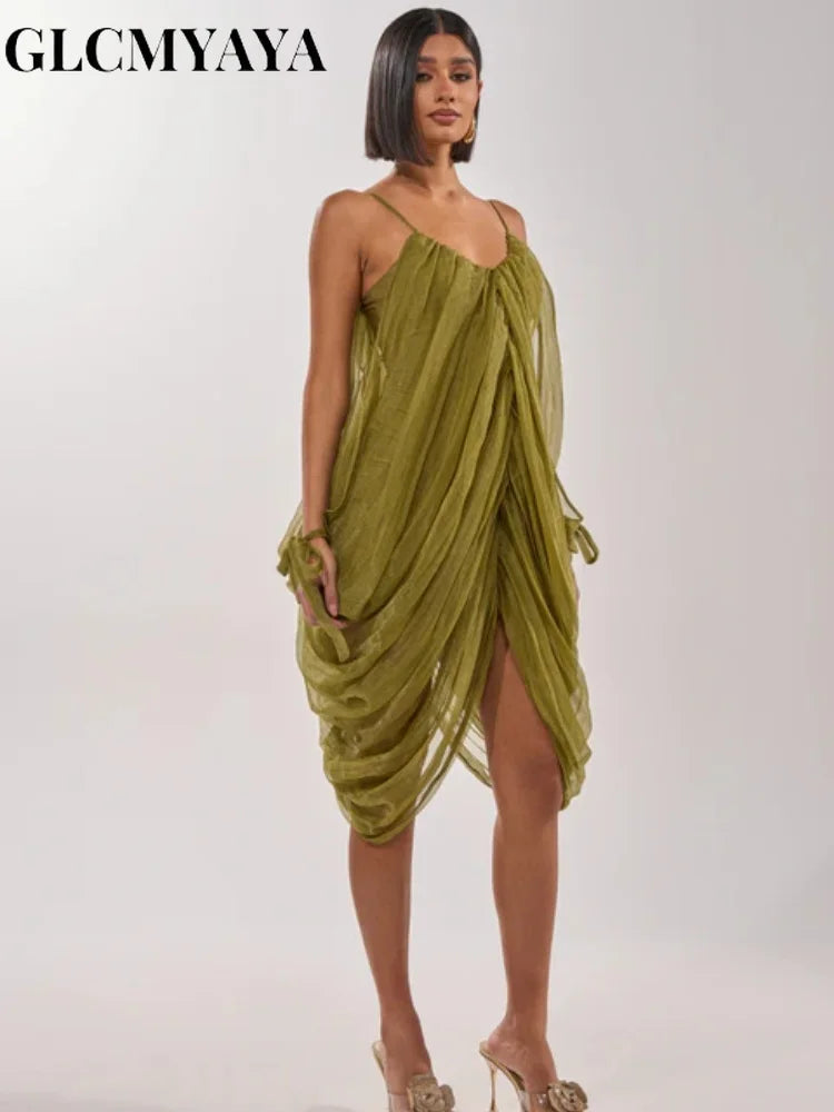 CM.YAYA Women Sheer Mesh Draped Plunging Neck Mini Slip-style Midi Dress 2026 Summer Holiday Birthday Vacation High-low Dresses