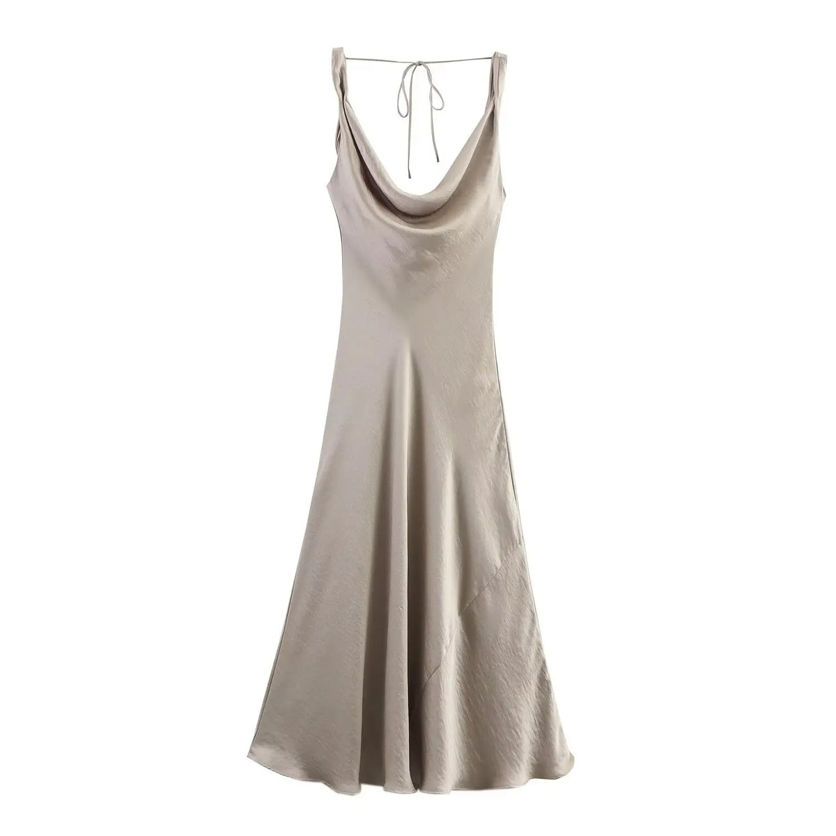 HH Women's Solid Vacation Style Satin Texture Backless V-neck Midi Dress Summer Female Elegant Sexy Lace-up Strap Dress