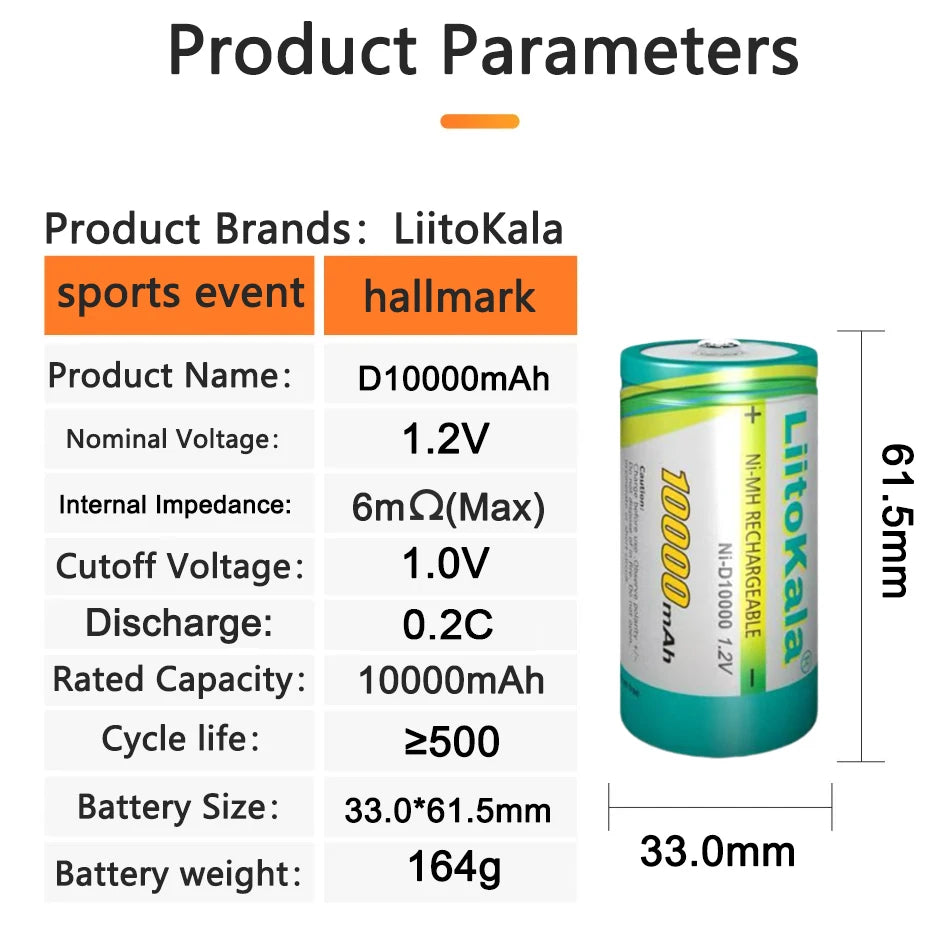 1-30PCS LiitoKala Ni-D10000 1.2V D R20 Size Battery D Cell 10000mAh Huge Capacity Ni-MH Rechargeable D Batteries for Gas Stoves