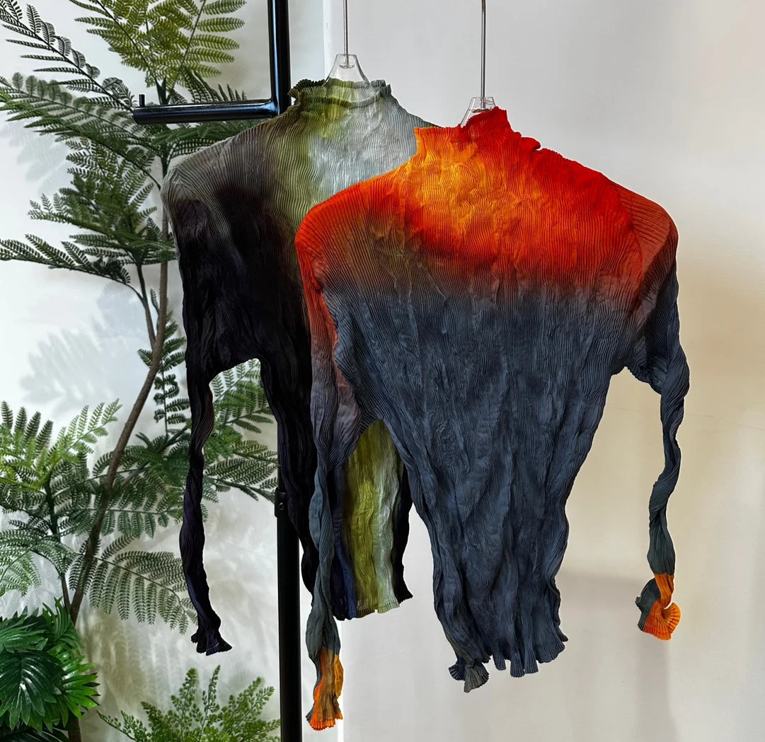 Miyake Pleated Printed Top 2025 Summer New High Neck Long Sleeve Bottoming T-shirt with High Collar