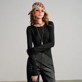 TOYOUTH Women Wool Blend T-Shirts 2026 Spring New Black Slim Fit Striped Asymmetric Hem Blouses