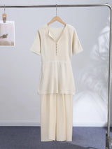 Crew Neck Short Sleeve Buttoned Paneled Midi Dress Fitted Bodice Flowing 2026 Spring Women Knit Skirt Fashion Elegant Lady Gown