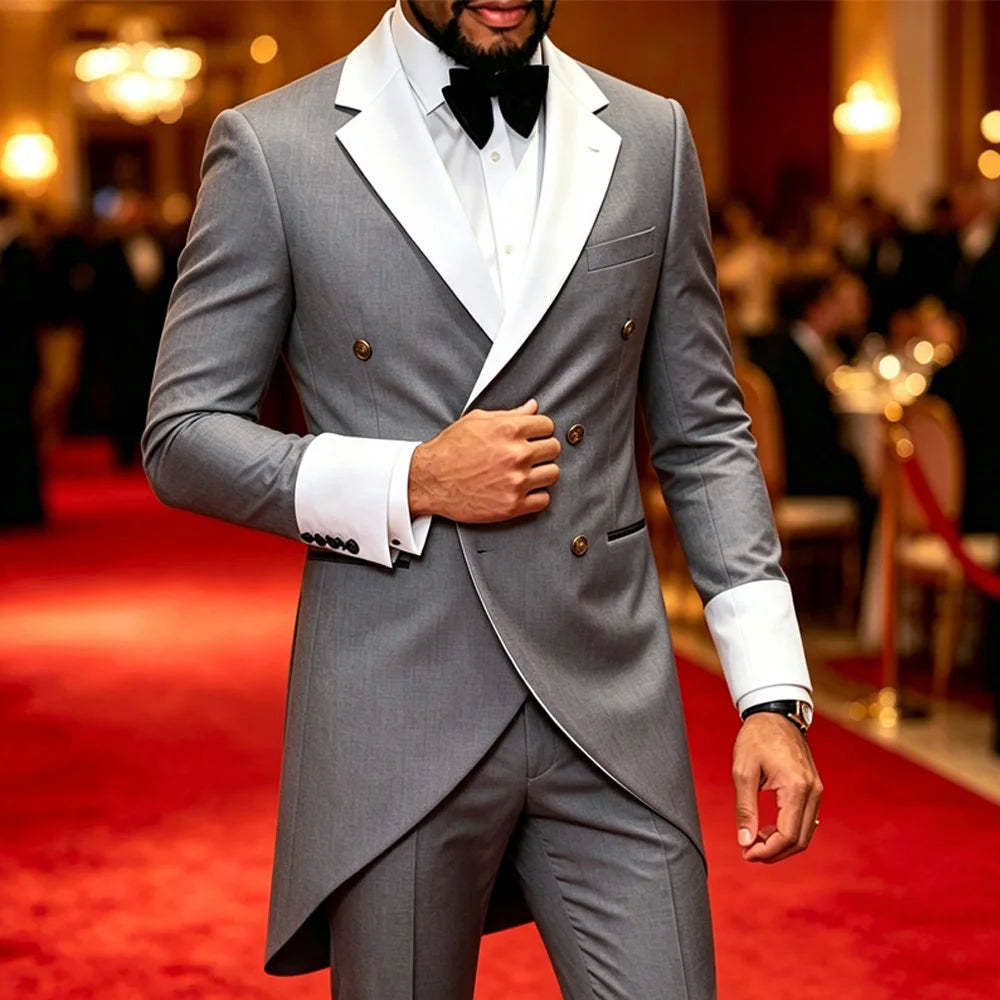 Men Grey Double Breasted Tailcoat Suit 2 Pieces White Peak Lapel Gold Buttons Slim Fit Jacket Pants Set Wedding Groom Tuxedo For Party Prom