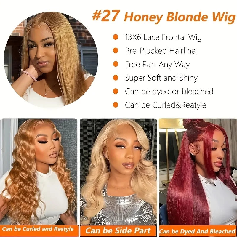 Bone Straight Honey Blonde Human Hair Wigs #27 13x6 HD Transparent Lace Front Wigs For Women Pre Plucked 200% Density 30 Inch