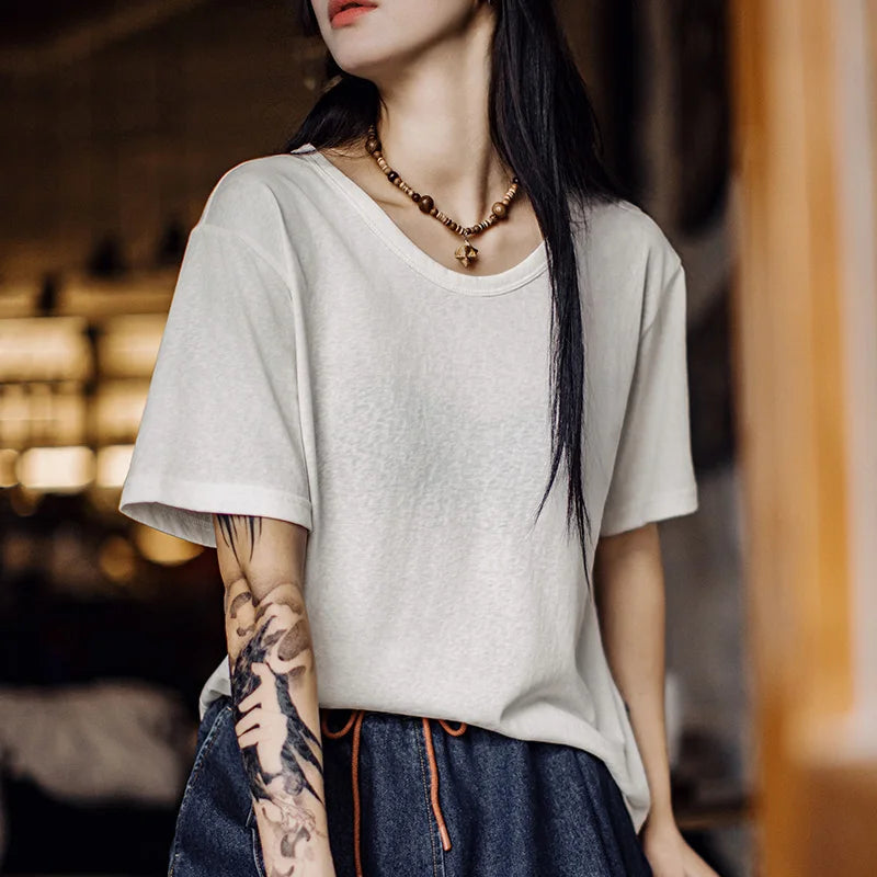 Maden New Casual Lightweight Short Sleeve T-Shirt Women's Summer Basic Crew Neck Tee Breathable Layering White Loose Fit Tops