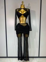 Women Sexy Mesh See Through Long Sleeves Pant Sets Elegant Fashion Street Two Piece Set Club Birthday Evening Party Outfit