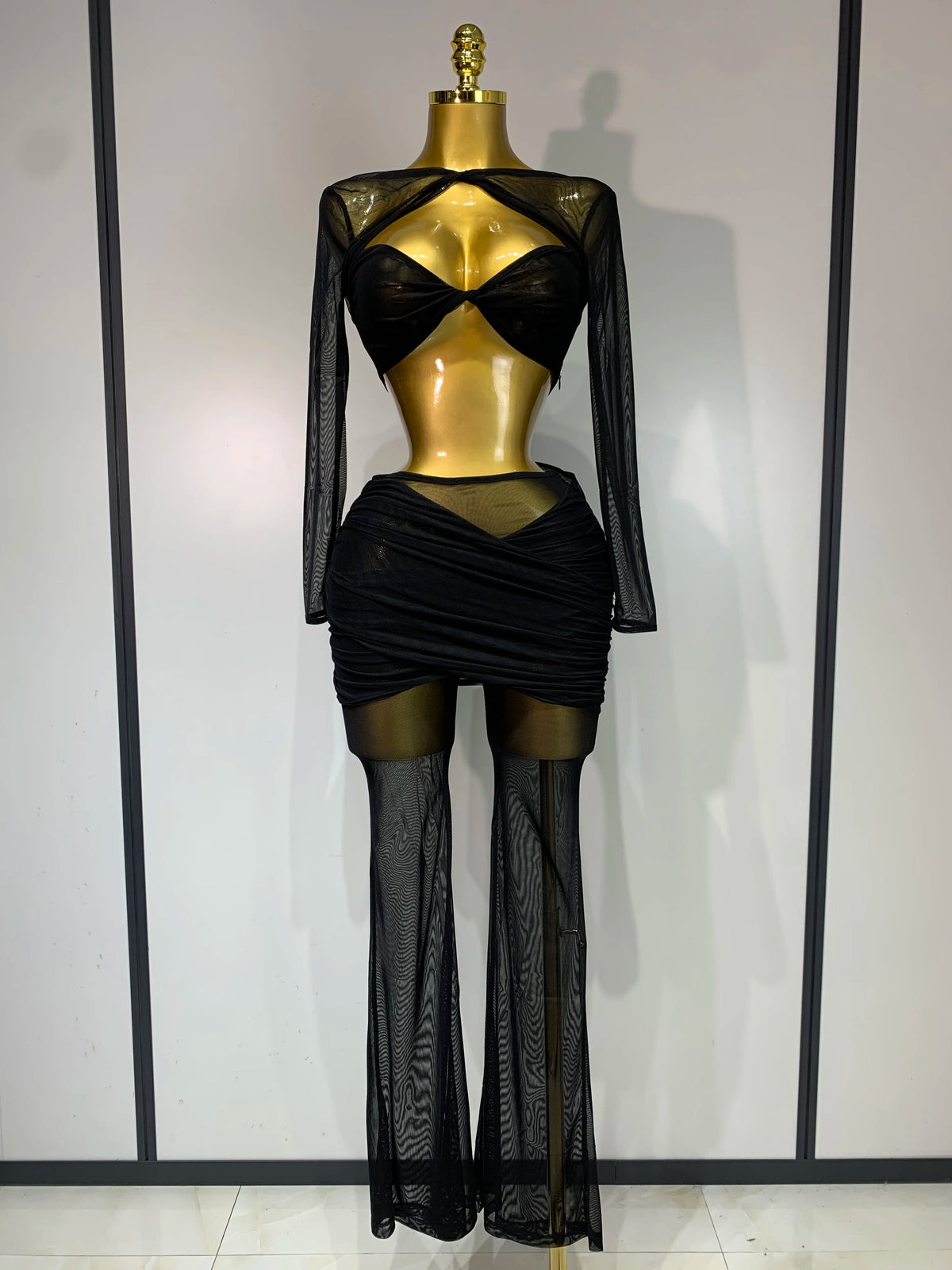Women Sexy Mesh See Through Long Sleeves Pant Sets Elegant Fashion Street Two Piece Set Club Birthday Evening Party Outfit