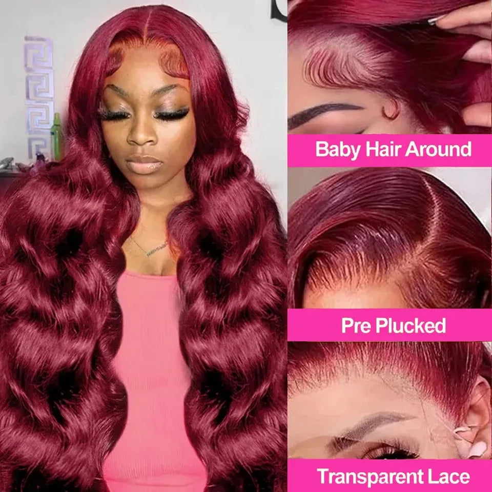 30 40 Inch 99J Burgundy Hd Lace Frontal Wig 13X6 250 Density Brazilian Body Wave Human Hair Wig Red Colored Hd Lace Front Wigs