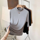 2026 Women's Spring/Summer New 100% Natural Mulberry Silk (Knitted) Basic Solid Color Half High Neck Mid Sleeve Bottom Shirt