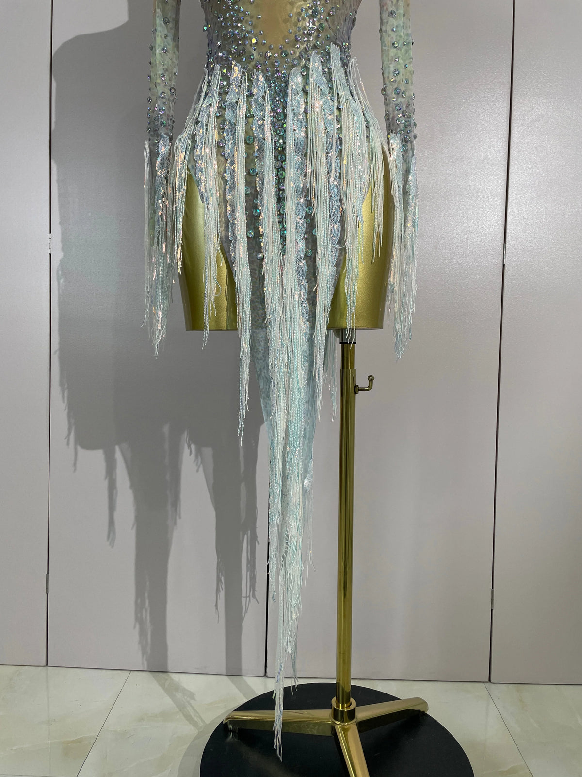 Sexy Mesh See Through Sparkly Rhinestone Tassel Long Sleeves Mini Dress 2026 Women Latin Dance Nightclub Party Club Stage Wear