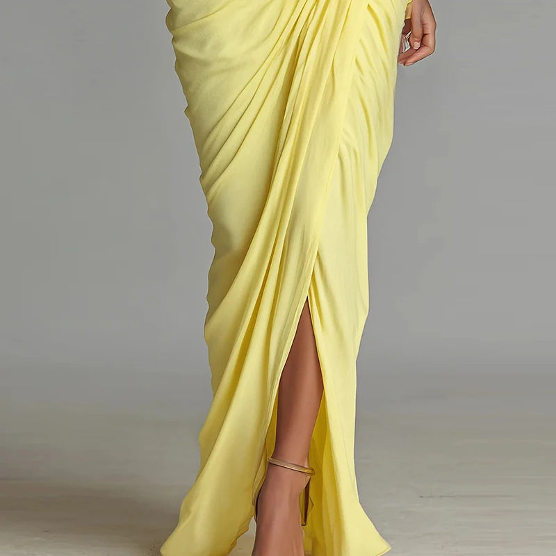 Yellow Lady Turtleneck Pleated Party Dress Autumn Seven Quarter Sleeve High Waist Irregular Dress Fashion Split Solid Long Dress