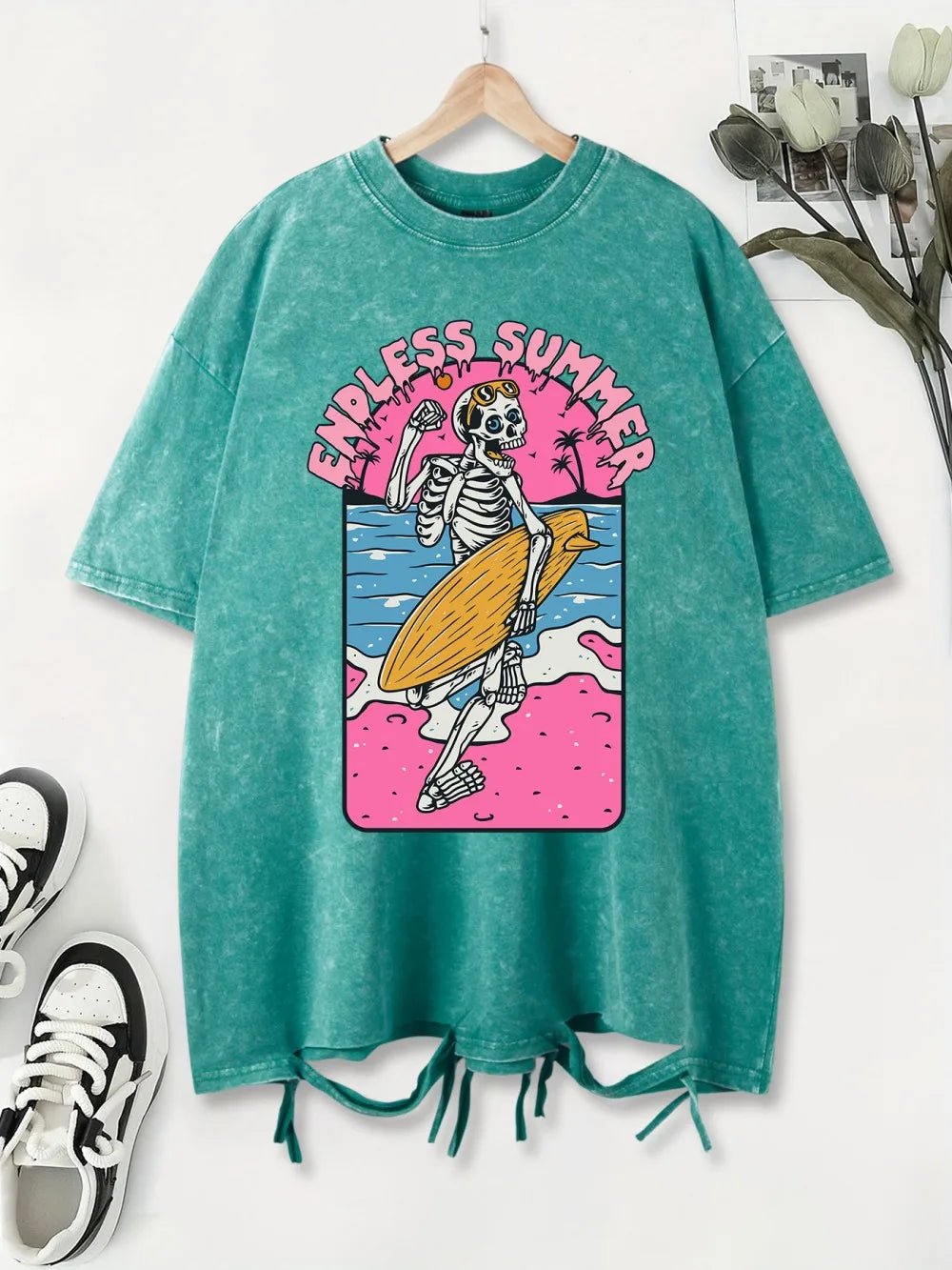 Endless Summer Surf Printing Washed T Shirts Womens Cottont-Shirts Distressed Oversized Crewneck Tops Vintage Womans Clothes