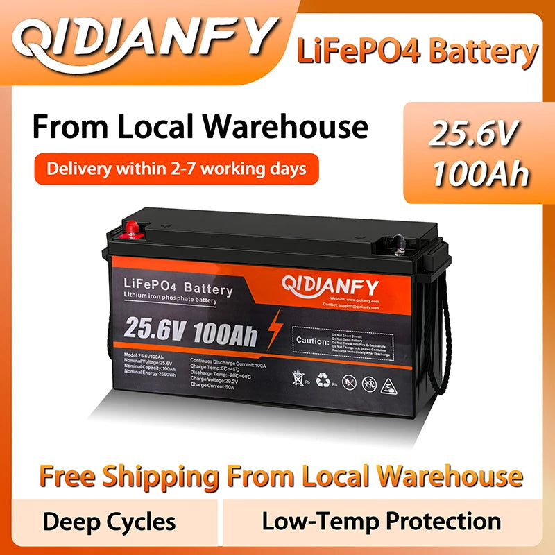 Qidianfy 25.6V 100/200Ah LiFePO4 Lithium Iron Phosphate Battery Built-in 100A BMS 2560Wh Capacity RV Solar Off-grid Storage Fishing