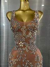 Sparkly Crystal Mesh See Through Women Sleeveless Sexy Bodycon Long Gowns Dress Evening Party Celebrate Birthday Outfit